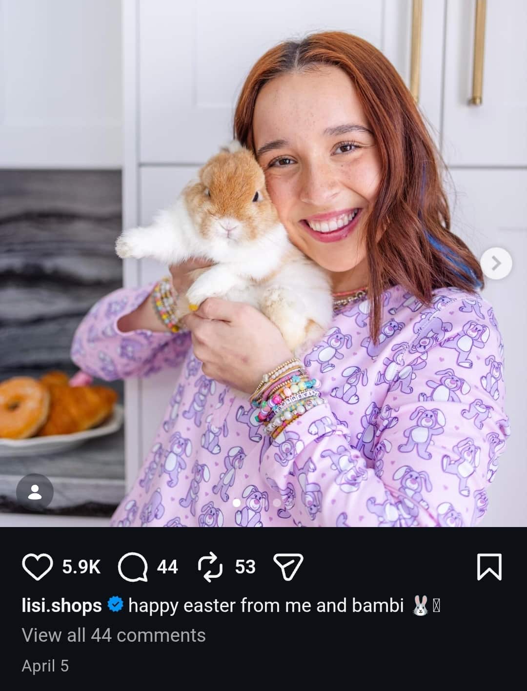 Image - Lisi Shops, is pictured with her pet rabbit, Bambi, for Easter, back in April 2026. 