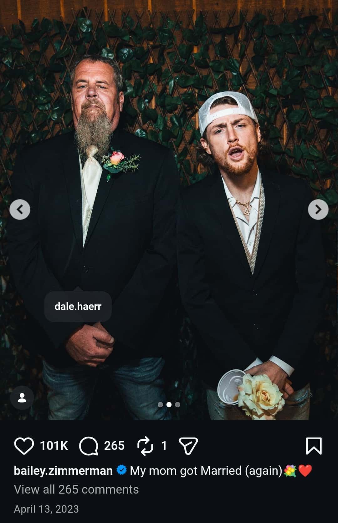 Image - Bailey Zimmerman, is pictured with his stepfather, Dale Haerr, back in April 2023, when his mother, Kristi, got married to Dale.
