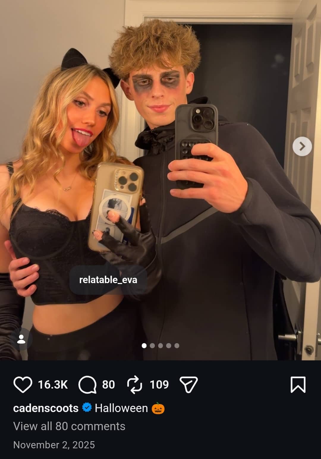 Image - CadenScoots, is pictured with his girlfriend, Eva Darrow, for Halloween, back in November 2025.