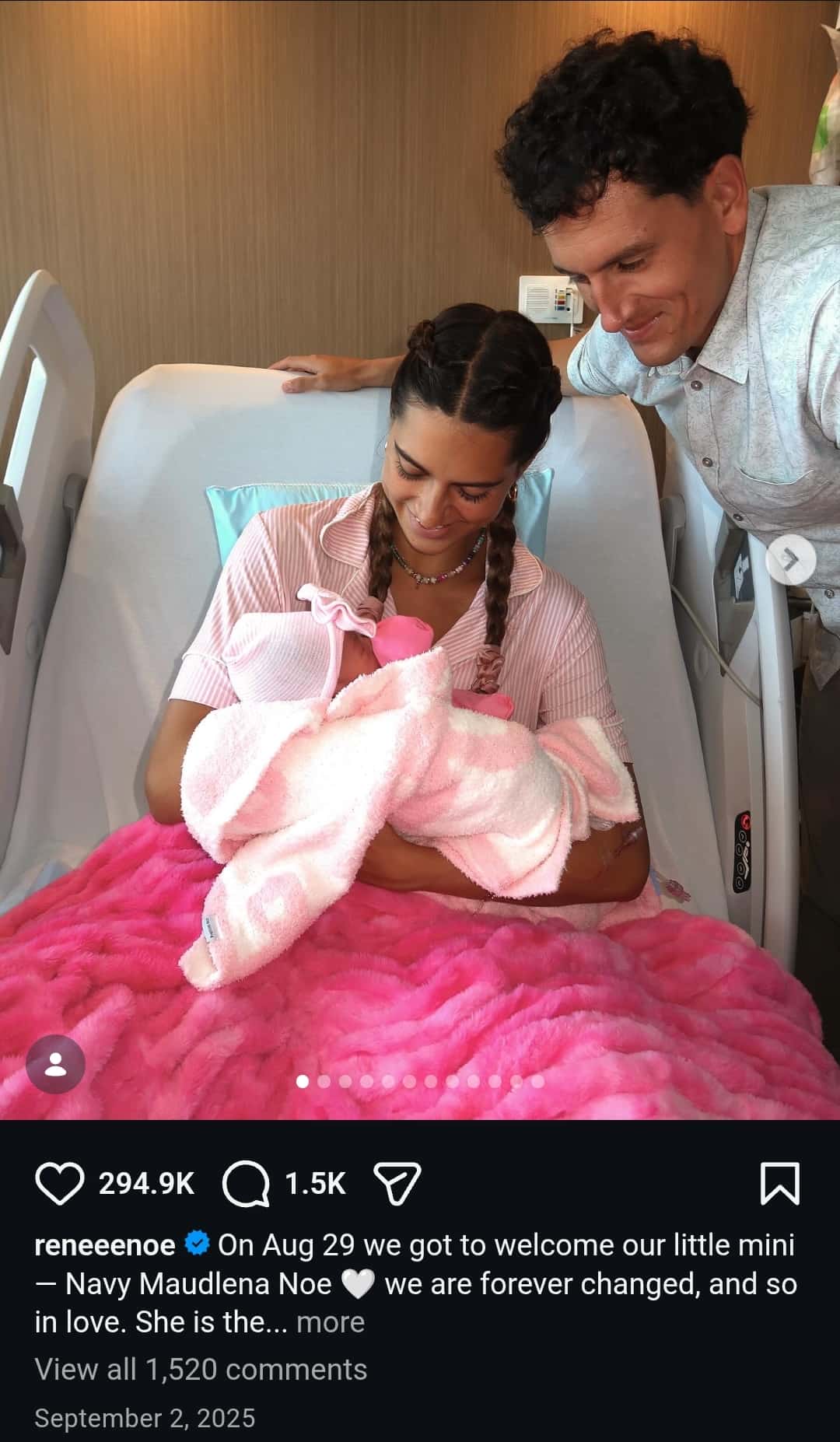 Image - Renee Noe, is pictured with her husband, Connor Noe, back in in September 2025, when they welcomed their daughter, Navy Maudlena Noe.