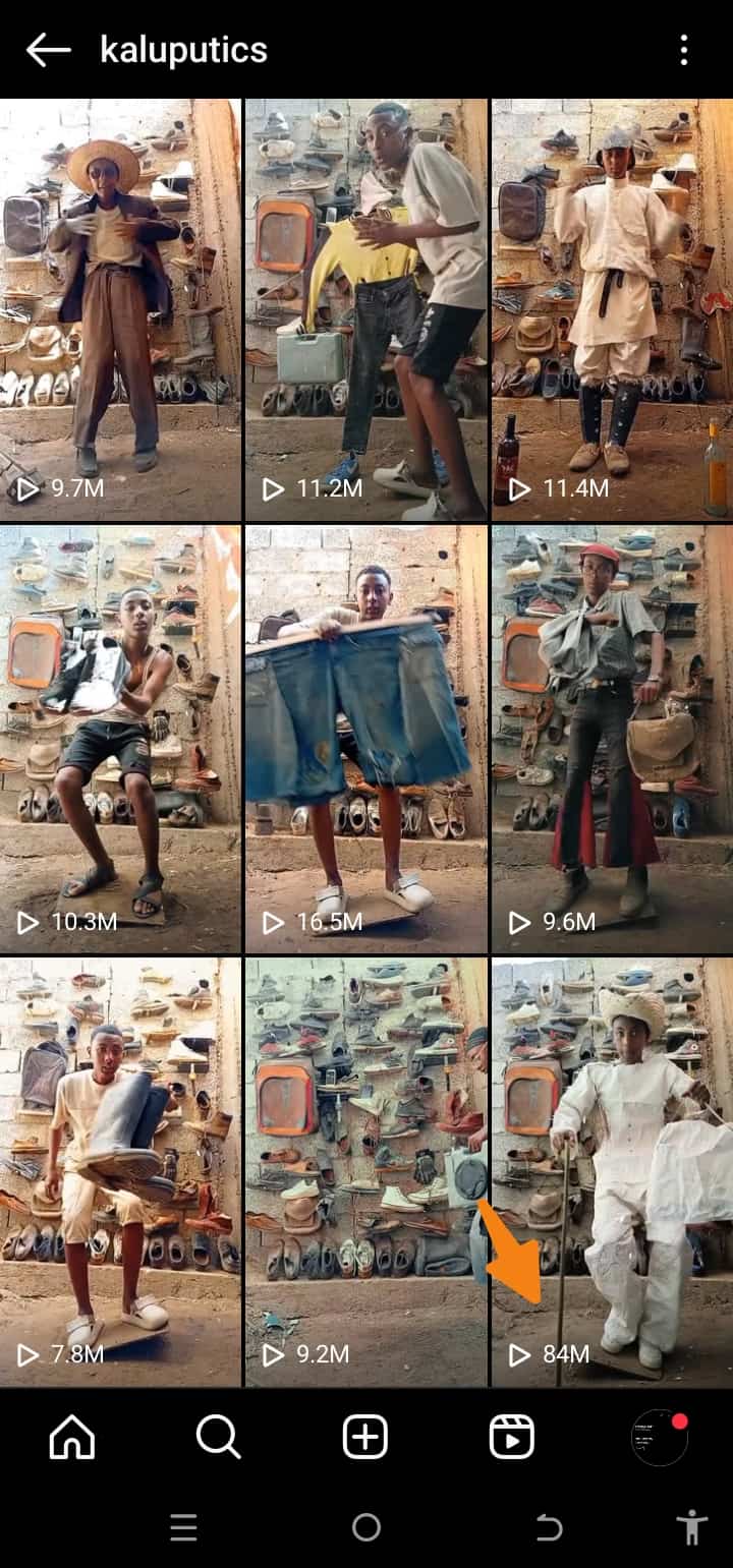 KaluPutics' highest viewed video is his first Instagram reel, which now has over 84 million views.