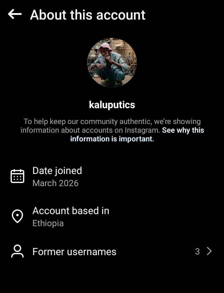 Image - A screenshot of Kalu Putik’s Instagram page, showing he created his account in March 2026.